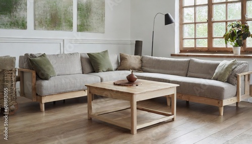 Live edge wooden coffee table near corner sofa. Interior design of modern living room in farmhouse © Martin