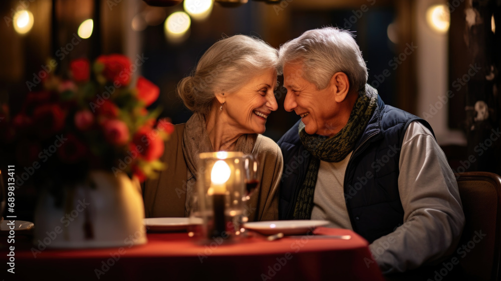 A man and a woman are sitting at a table. Romantic Valentine's day.