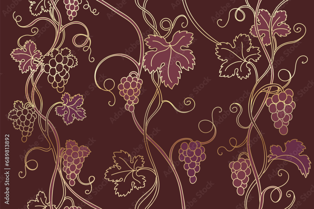 Seamless Gold grapes four vine pattern. Seamless twisting branches floral pattern, leaves and gold line grape berries on purple background. Vector illustration Seamless Gold grapes four vine pattern. Seamless twisting branches floral pattern, leaves and gold line grape berries on purple background. Vector illustration