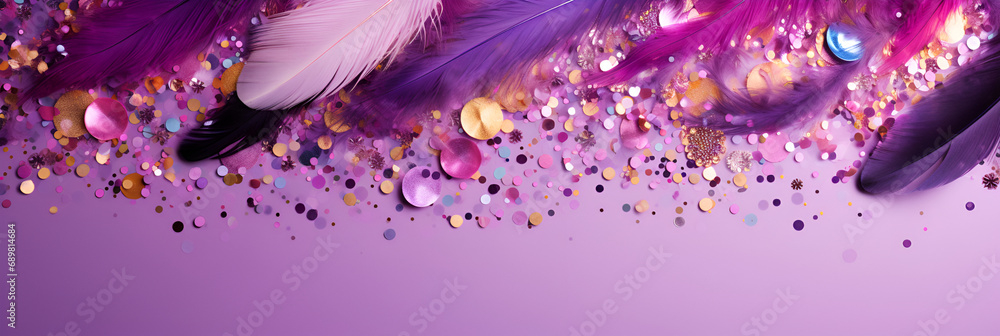 Feathers on a purple background, suitable for design with copy space, Mardi Gras celebration. Feathers on a purple background, suitable for design with copy space, Mardi Gras celebration.