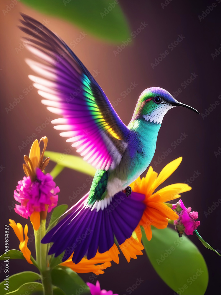 A hummingbird feeding on honey from a flower Vibrant color background, AI Generated. A hummingbird feeding on honey from a flower Vibrant color background, AI Generated.