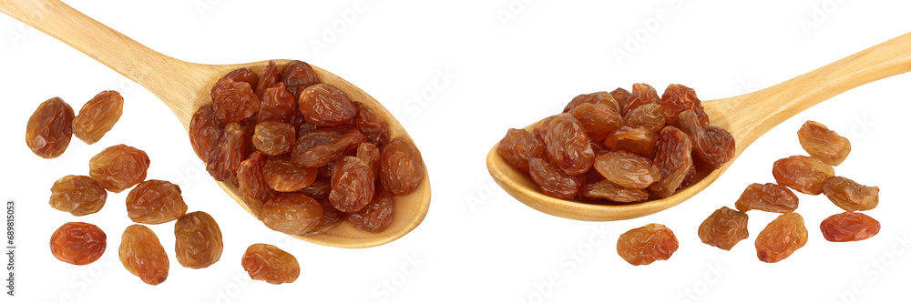 Brown raisins in wooden spoon isolated on white background . Top view. Flat lay