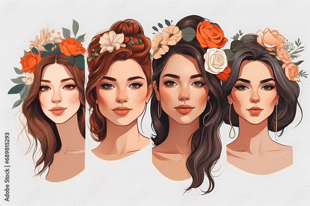Group of girls with flowers in their hair. Banner design for International Women's Day
