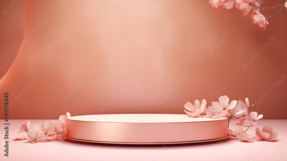 promotional product circle podium with flowers in pink - peach color, mockup, banner promotional product circle podium with flowers in pink - peach color, mockup, banner
