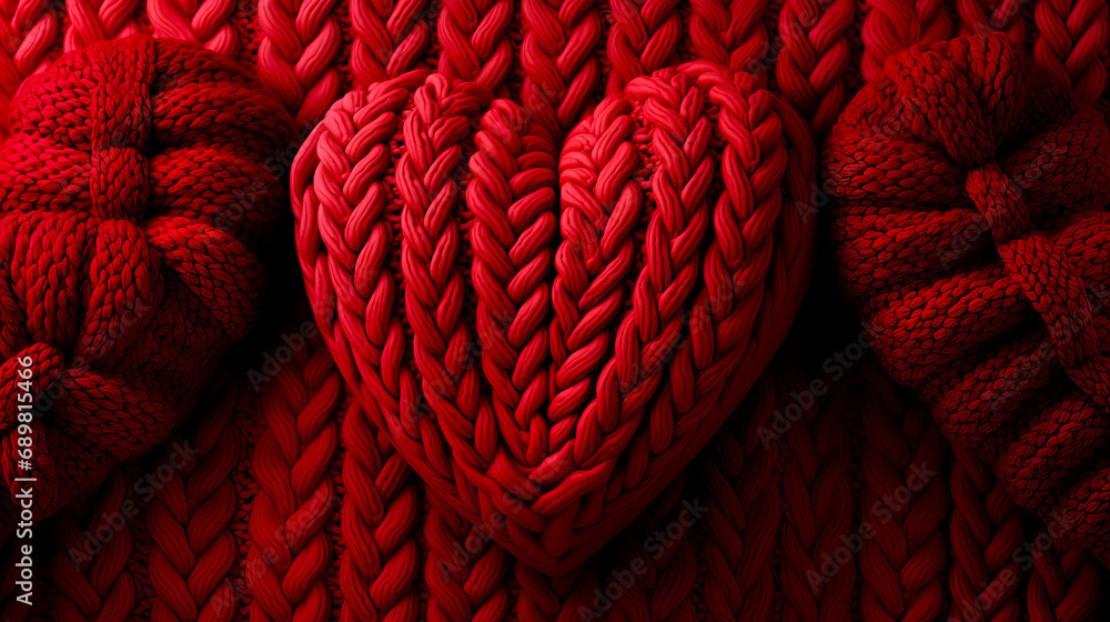 three red hearts, knitted ball of red wool, woven wool pattern, red wool sweater. concept of love, valentine's day, affection, wedding day. AI generated - obrazy, fototapety, plakaty 
