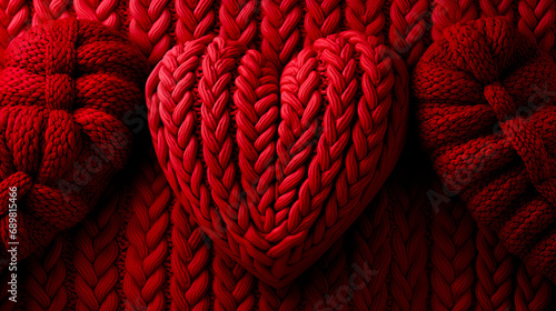 three red hearts, knitted ball of red wool, woven wool pattern, red wool sweater. concept of love, valentine's day, affection, wedding day. AI generated photo