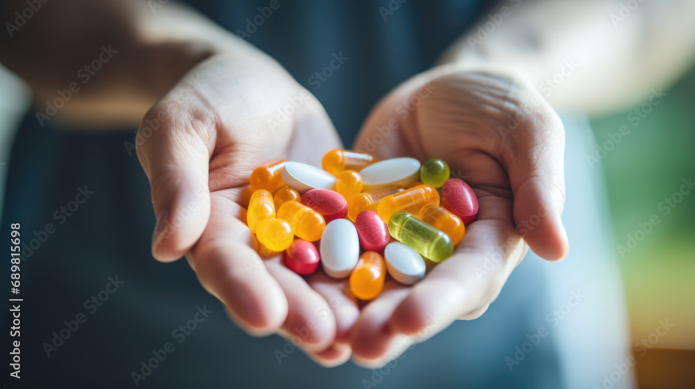 A person holding a handful of pills in their hands. - obrazy, fototapety, plakaty 