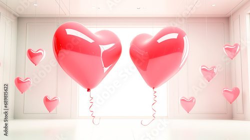 a room with two big red heart-shaped balloons floating in the air, room with heart-shaped balloons on the white background, concept of Valentine's Day, love, wedding.