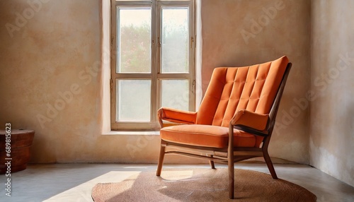 Orange fabric retro lounge chair against window near beige stucco wall with copy space. Rustic farmhouse vintage home interior design of modern living room