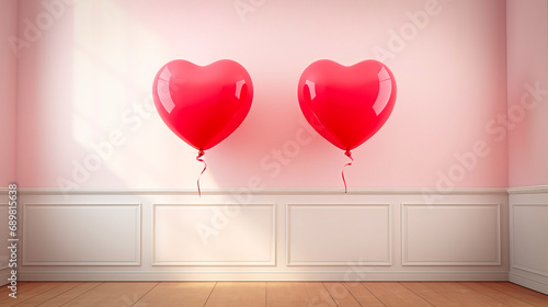 a room with two large red heart-shaped balloons floating in the air, room with pink walls and white paneling, concept of Valentine's Day, love, wedding.