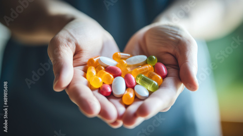 A person holding a handful of pills in their hands. photo