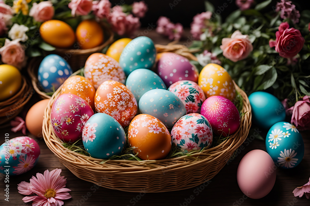 Basket with bright floral Easter eggs. Close-up photo. Basket with bright floral Easter eggs. Close-up photo.