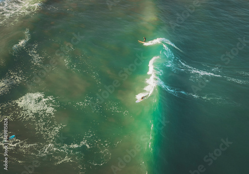 Aerial view of surfers in the morning, Bidart, French Basque Country, France. photo