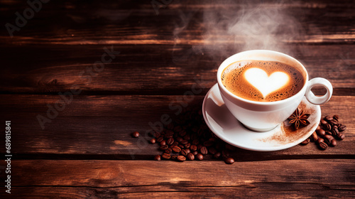 a cup of coffee, the coffee foam in the shape of a heart. resting on a rustic wooden background