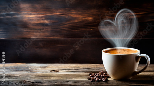 a cup of coffee, a heart-shaped cloud of smoke comes out of the coffee. resting on a rustic wooden background