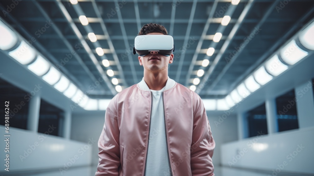 A man in a pink jacket wearing a virtual reality headset. A man in a pink jacket wearing a virtual reality headset.