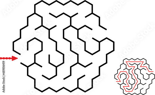 Easy hexagonal vector labyrinth. Children logic game for brain training isolated on white background. Preschool difficulty level. Puzzle for little age kids
