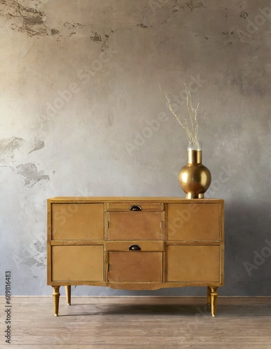 Retro wooden dresser against concrete wall. Vintage home interior design of modern living room