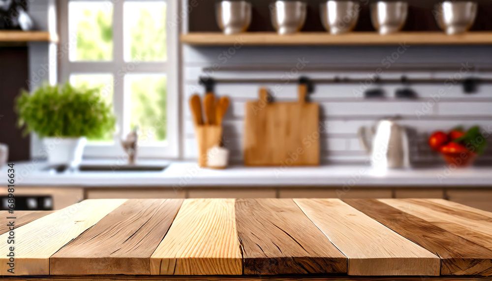 Wooden table on blurred kitchen bench background. Empty wooden table and blurred kitchen background Wooden table on blurred kitchen bench background. Empty wooden table and blurred kitchen background