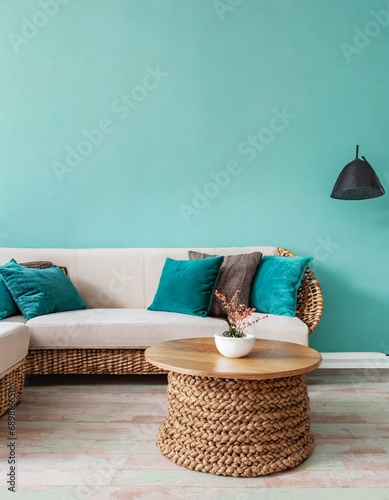 Round wood coffee table near wicker sofa with mint cushions against turquoise wall with copy space. Scandinavian home interior design of modern living room.