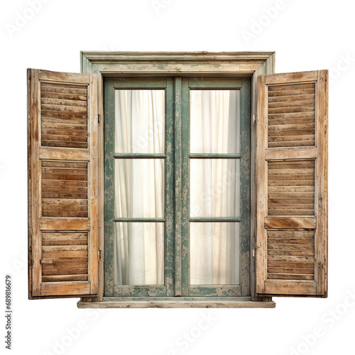 Old wooden window with curtains  cut out