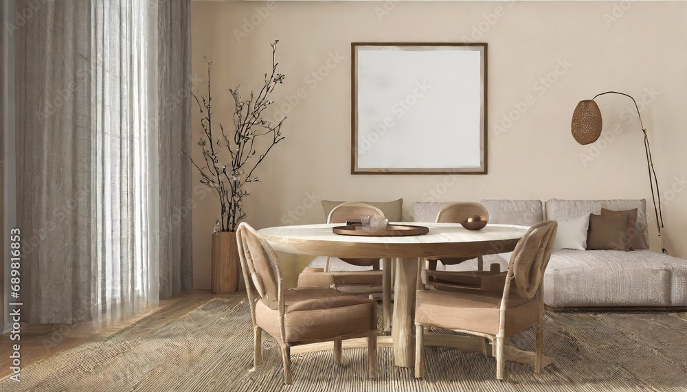 Fototapeta premium Round wooden dining table and rustic chairs against beige sofa near wall with art frame. Japandi interior design of modern dining room.