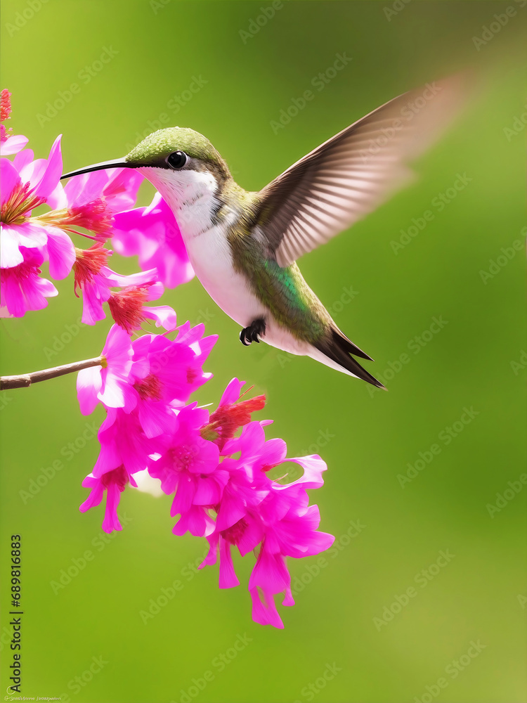 Fototapeta premium A hummingbird feeding on honey from a flower Vibrant color background, AI Generated.