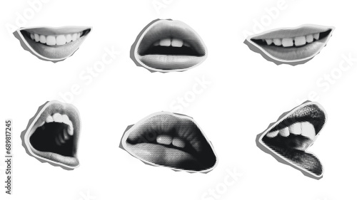 Set of retro lips in halftone. Paper cutout elements with lips and teeth . Y2K style. Trendy vintage newspaper pieces. Torn paper. Halftone collage elements. Screaming and kissing mouth.