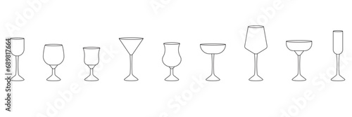 Set of various glasses for alcohol and non alcohol drinks in outline style in row on white background for icons, posters, patterns, webs, apps, wrapping	