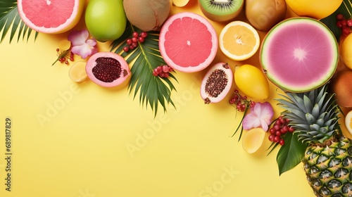 A pastel pink background with exotic fruits and tropical palm leaves. papaya, mango, pineapple, banana, carambola, dragonfruit, kwei, lemon, orange, melon, coconut lime, and pineapple are photo