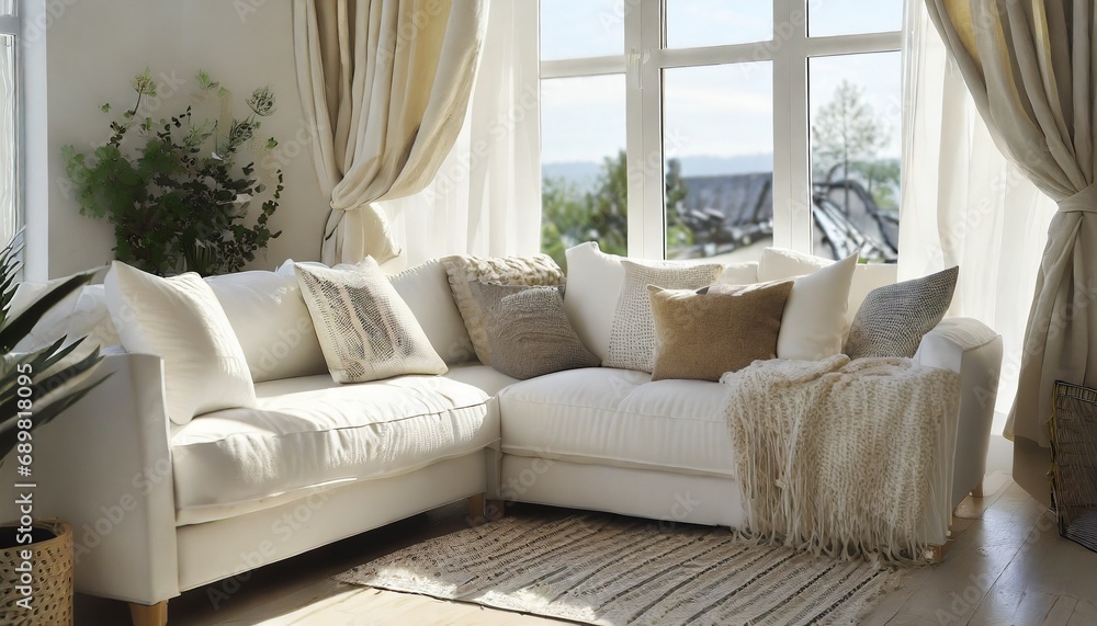 Fototapeta premium Scandinavian style, hygge interior design of modern living room with white sofa, plaid, plants and window