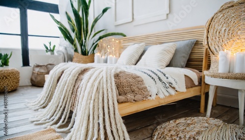 Close up of wooden bed with fringed cream plaid in bedroom scandinavian style
