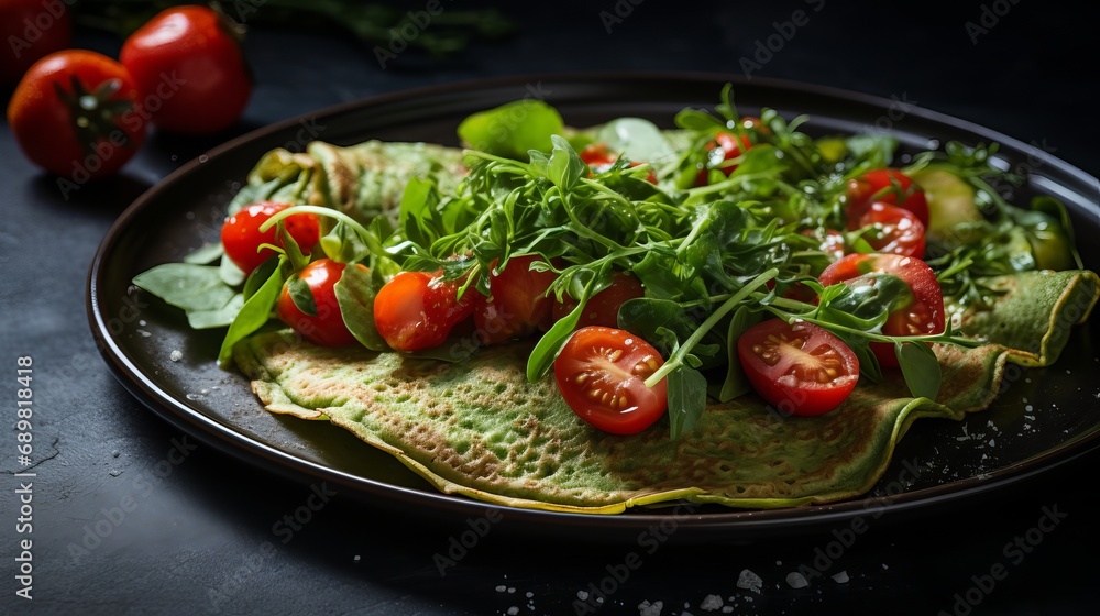 Microgreens and tomatoes are included in green spinach pancakes.