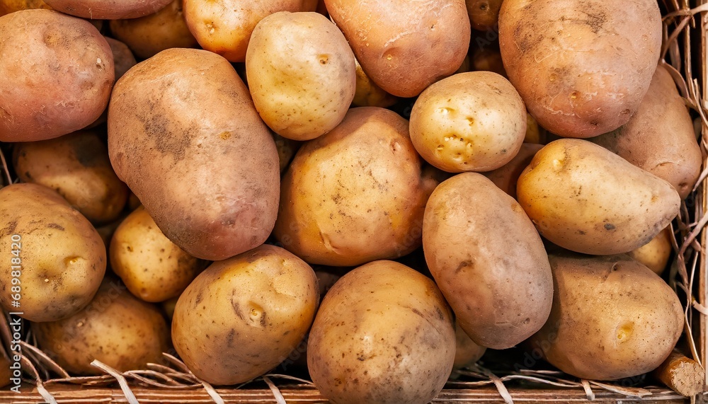 Potatoes in crates and baskets at the grocery store