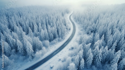 Curvy windy road in snow covered forest, top down aerial view.