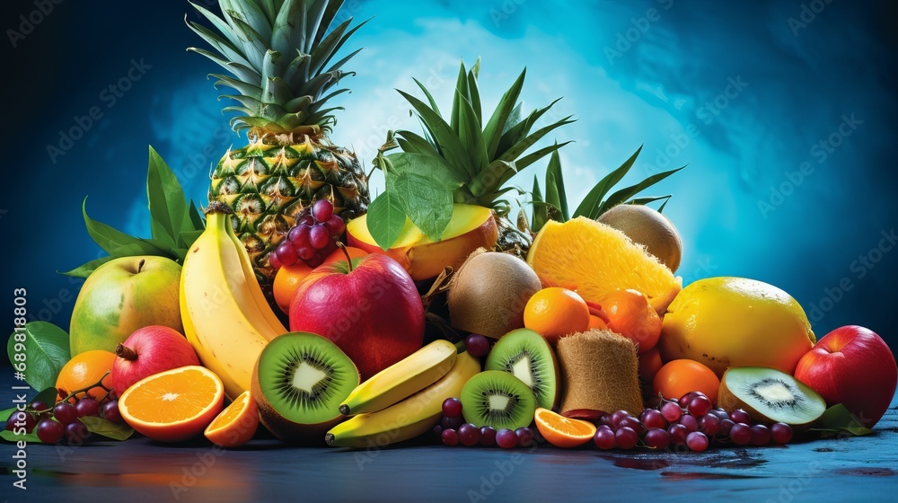 The tropical exotic fruit is harvested on a blue background and includes papaya, lemons, bananas, pineapple, cumquat, and tamarillo as ingredients for smoothies that are both healthy and The tropical exotic fruit is harvested on a blue background and includes papaya, lemons, bananas, pineapple, cumquat, and tamarillo as ingredients for smoothies that are both healthy and