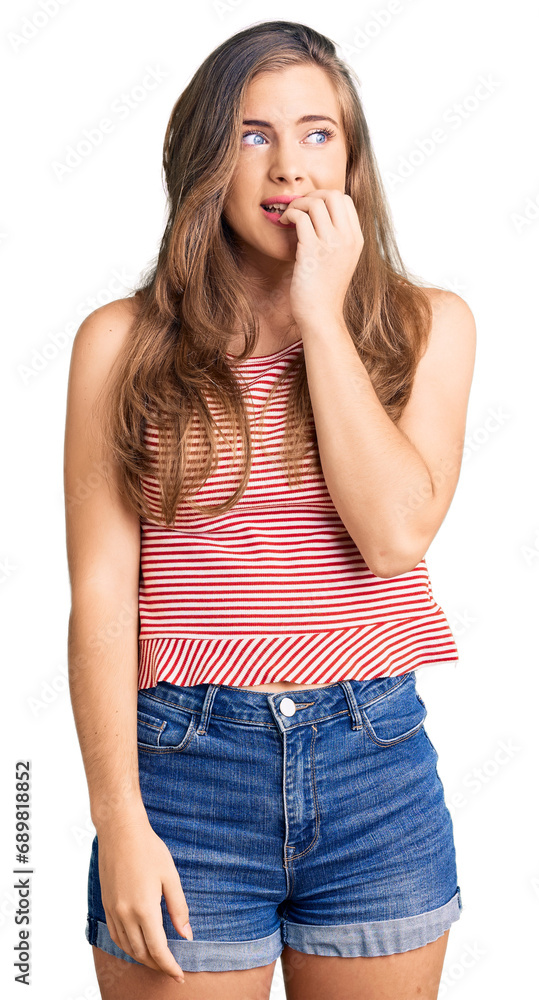 Beautiful caucasian young woman wearing casual clothes looking stressed and nervous with hands on mouth biting nails. anxiety problem. Beautiful caucasian young woman wearing casual clothes looking stressed and nervous with hands on mouth biting nails. anxiety problem.