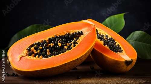Tropical fruits and fresh papaya are featured on a black stone background in the top view.
