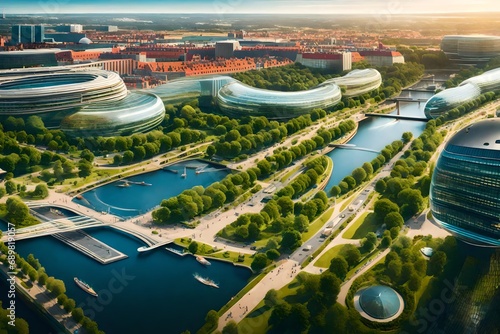 A vibrant digital illustration of Gothenburg's city canal and park in a futuristic setting, featuring advanced architecture, flying vehicles, and a blend of natural and technological elements