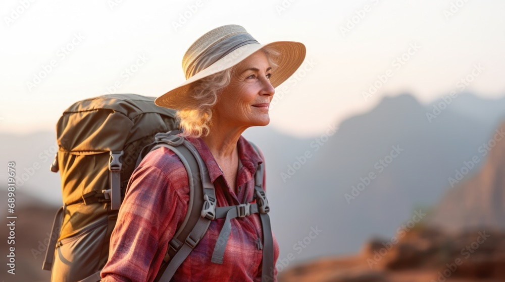 senior female tourist enjoy walk in mountains