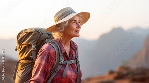 senior female tourist enjoy walk in mountains