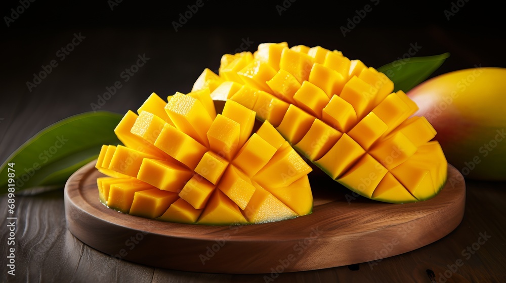 A dark wooden surface is used to chop up ripe mango in a beautiful way.