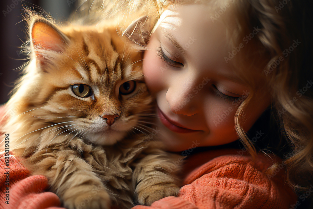 A cute girl with red hair hugs a red cat A cute girl with red hair hugs a red cat