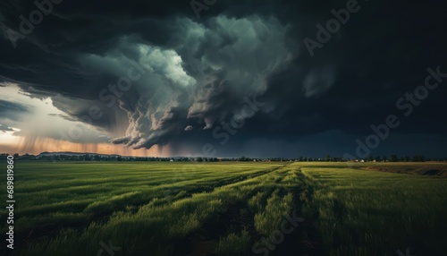 A Serene Green Field Beneath a Dramatic Cloudy Sky © Anna