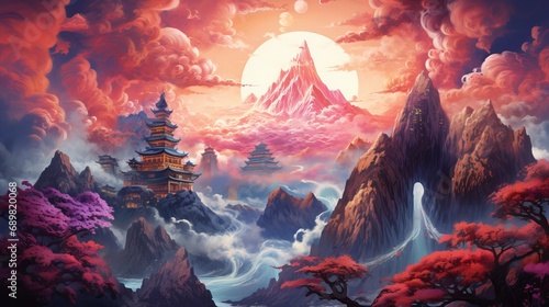 A painting that depicts a mountain and a japanese castle in the background © Akbar