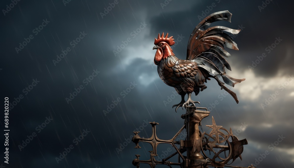 A Majestic Rooster Perched on a Weather Vane - obrazy, fototapety, plakaty 