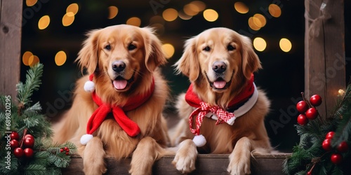Cute Christmas dressed up Golden retriever dogs couple with red bow tie smiling to the camera on shiny wooden background, happy Xmas funny animals.