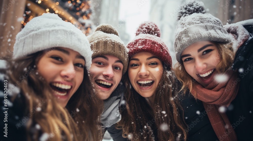 Close up image of group of happy friends enjoying outdoor party on shiny street background - Group of young people celebrating and have fun on new year eve together, Holidays and friendship.