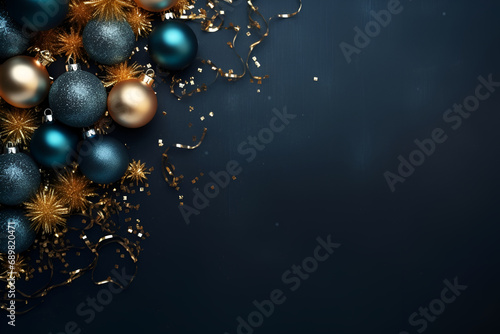 New Year banner with empty space for text, including fireworks and Christmas ball, copy space. Blue bright background.