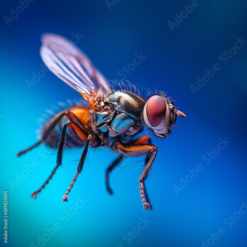 Macro photo of fly on a blue background Generative ai © Desig4You